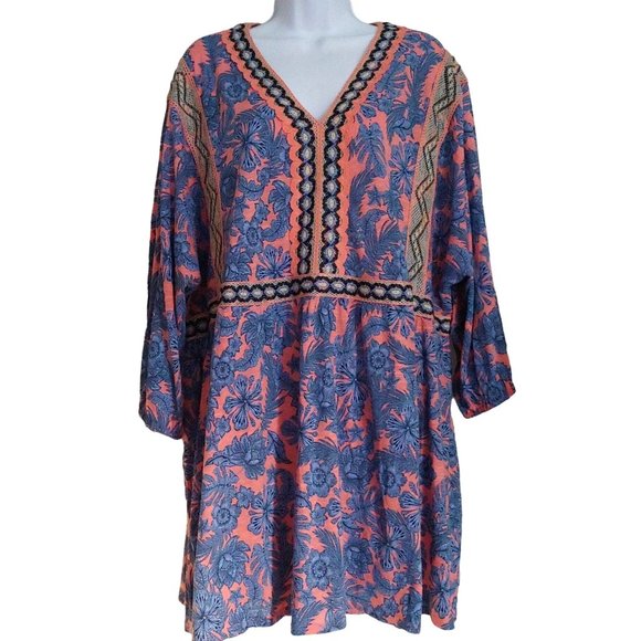 J. Jill Tops - J. Jill Pink and Blue 3/4 Length Sleeve Floral Pattern Flowy V-Neck Top 3X